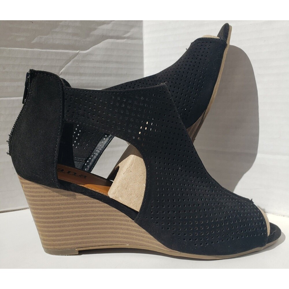 a.n.a. Black Wedge Zip Back Heels Peep Open Toe Shoes Womens Sz 9 A New Approach